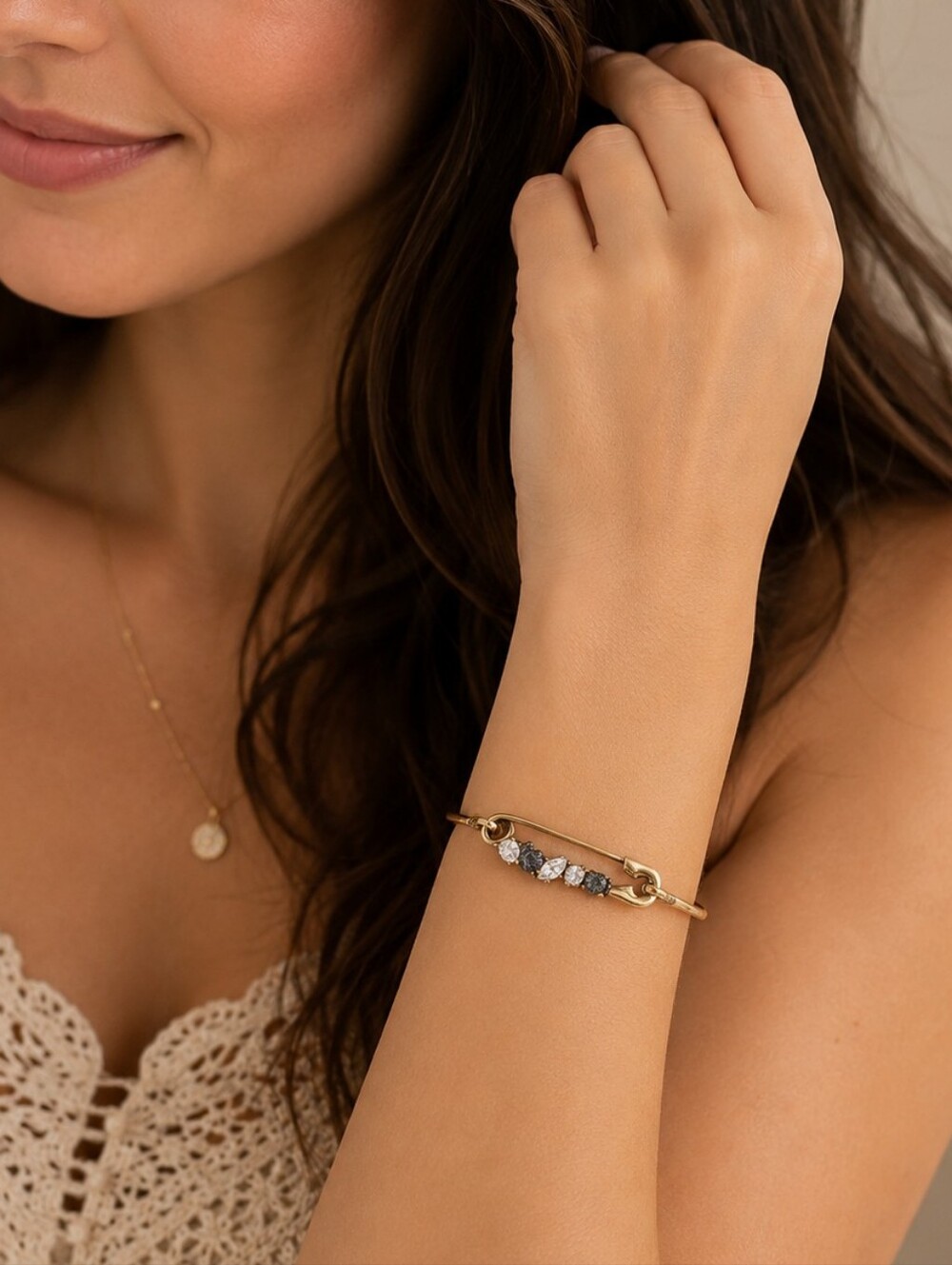Safety Pin Crystal Bezelled Bracelet, Antique Gold Tone Bangle
